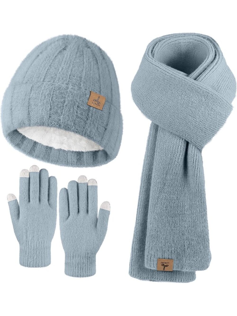 Women's Light Blue Beanie Hat Gloves Cashmere Hat Gloves Scarf Accessories Set